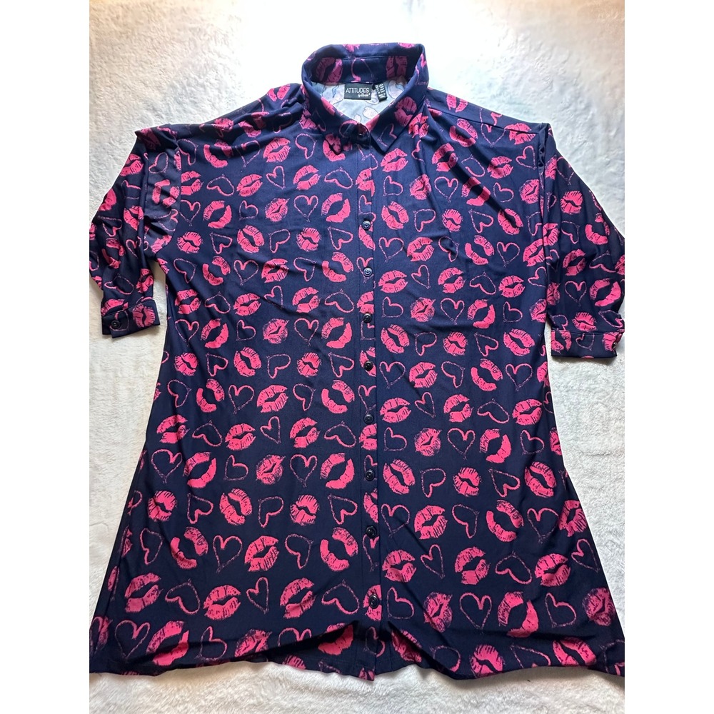Attitudes by Renee Navy Pink Lips Hearts Button Front Tunic Shirt 1XP A393799 -5